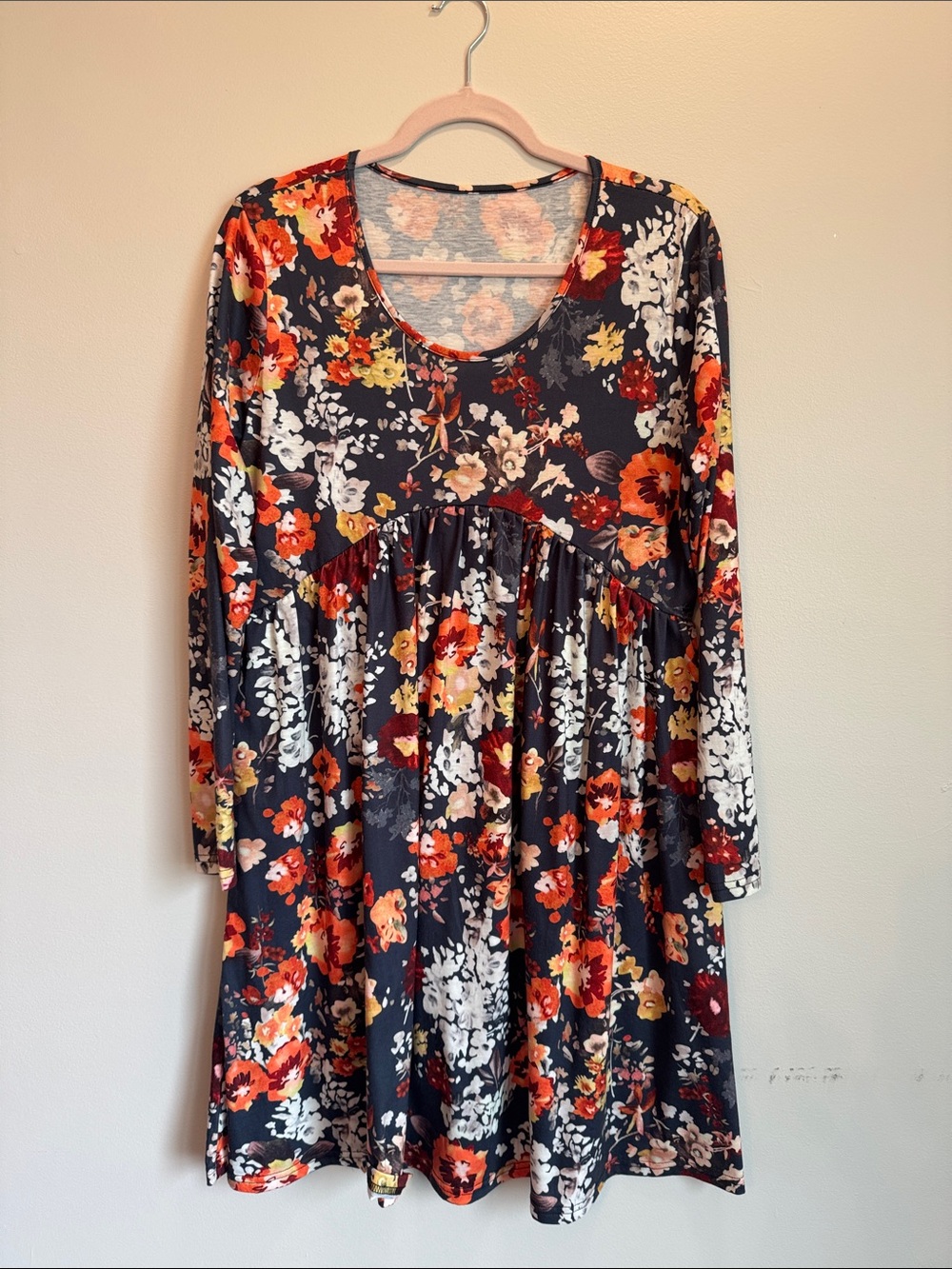 Floral Babydoll Tunic Dress in Black with Orange & Cream Blooms